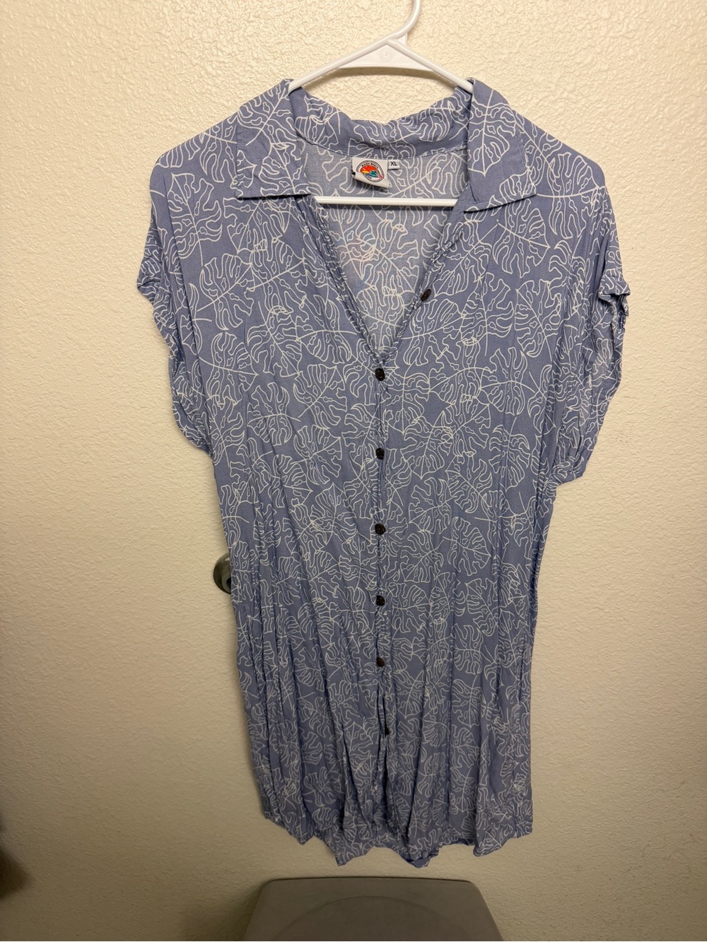 Light Blue Printed Button-Front Tunic Dress - Relaxed Collared Style